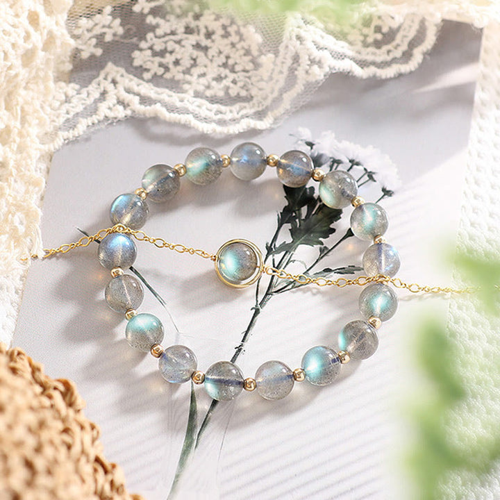 Bracelet de guérison et d'amour en pierre de lune naturelle plaqué or 14 carats de Buddha Stones
