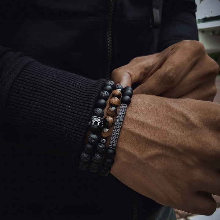 Bracelet d'activation en pierre de lave givrée avec œil de tigre, 3 pièces, Buddha Stones