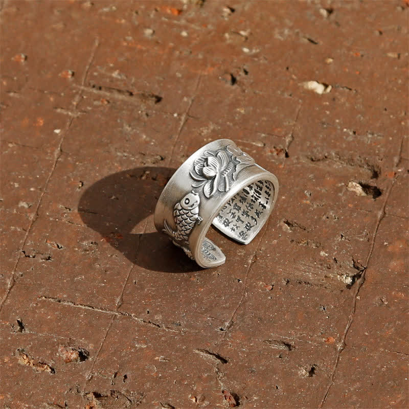 Bague porte-bonheur en argent sterling 999 Buddha Stones et poisson Koi, lotus, cœur, Sutra de la richesse