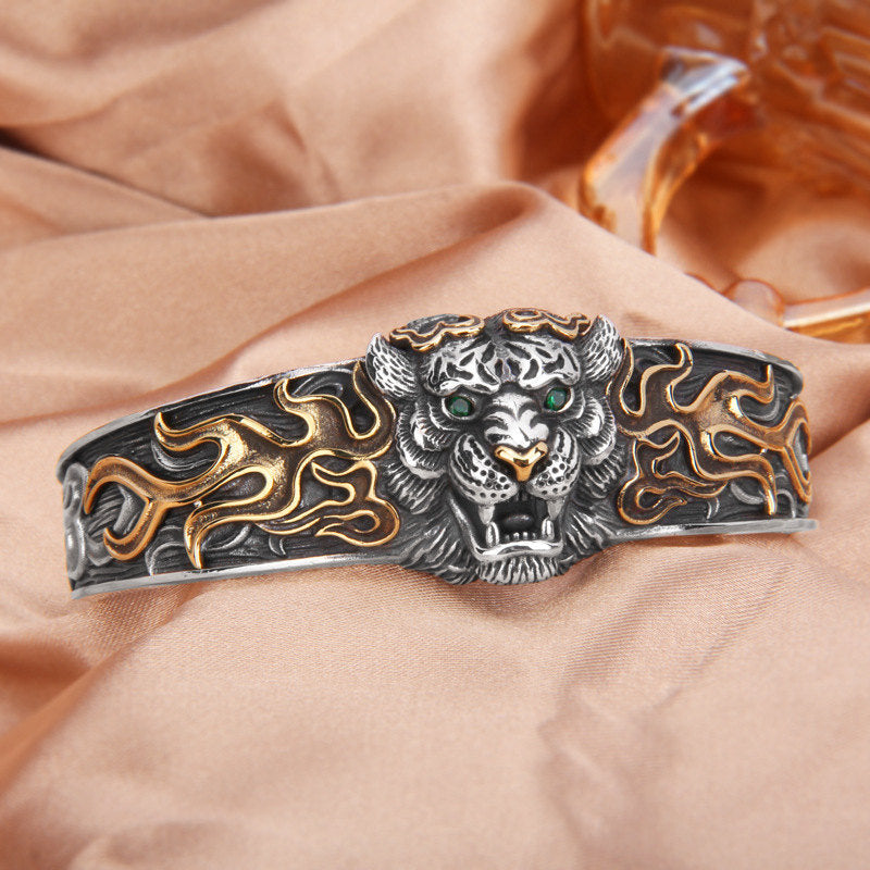 Bracelet jonc en argent sterling 925 Buddha Stones et signe du zodiaque chinois, tigre, éloigne les mauvais esprits