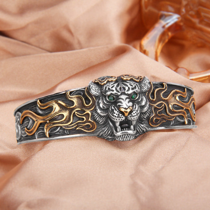 Bracelet jonc en argent sterling 925 Buddha Stones et signe du zodiaque chinois, tigre, éloigne les mauvais esprits