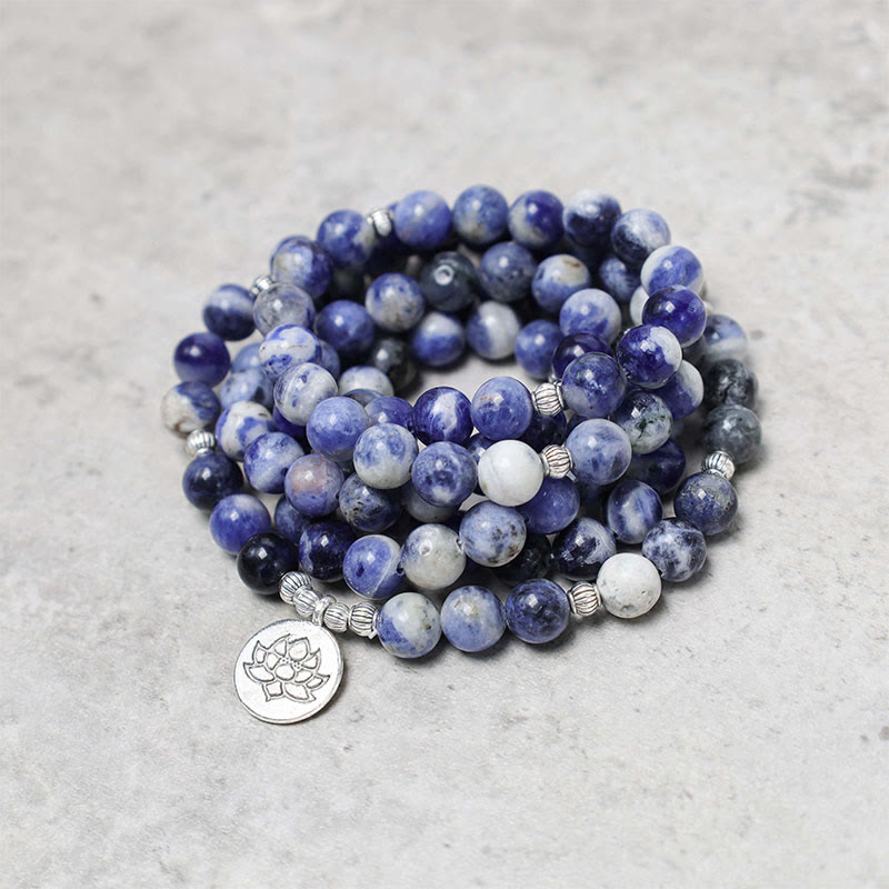 Collier et bracelet en aventurine bleue naturelle Buddha Stones et lotus de la paix