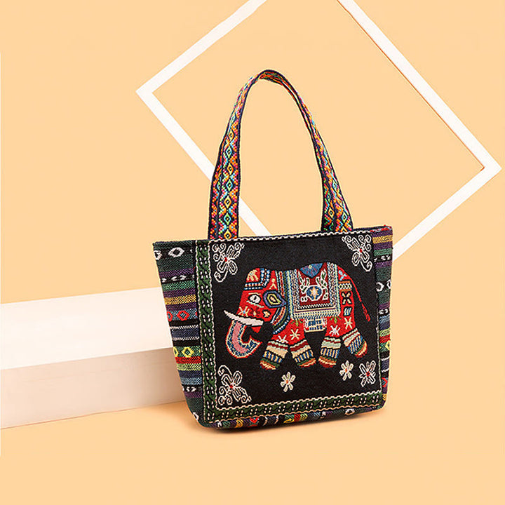 Sac fourre-tout en toile brodé de grande capacité avec Buddha Stones, éléphant et papillon