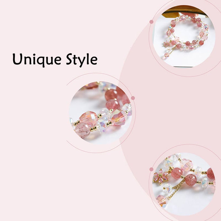 Bracelet double tour de guérison en quartz fraise et zircon en forme de fleur de Buddha Stones