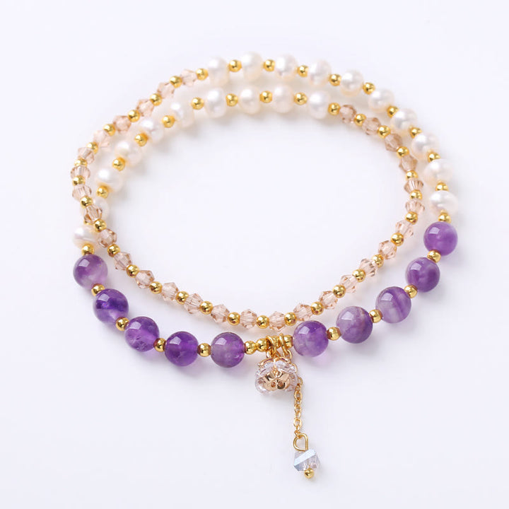 Bracelet double tour en améthyste naturelle, aigue-marine, quartz fraise, perle de guérison de la paix