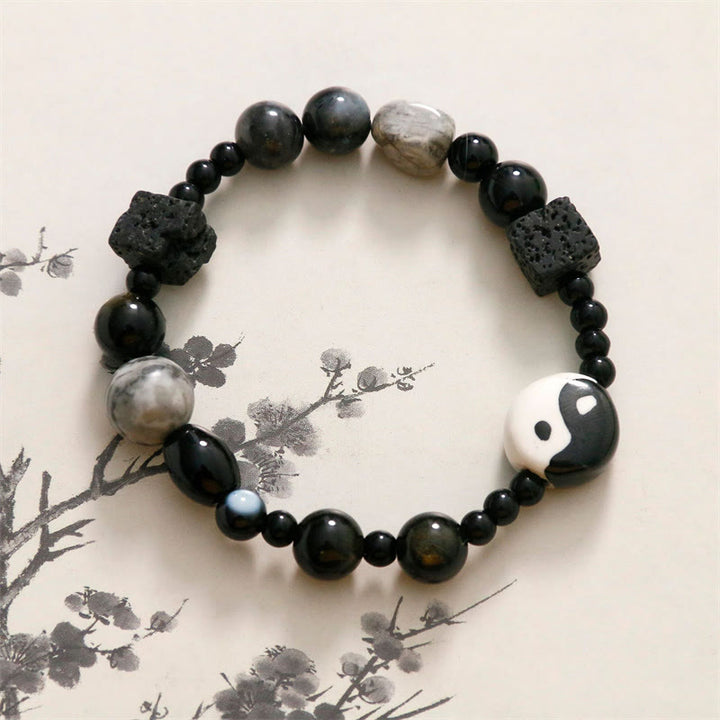 Bracelet de protection de la fortune Yin Yang en perles de jaspe Picasso et onyx noir Buddha Stones