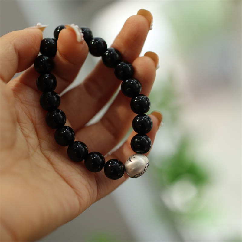 Bracelet de protection gravé en argent sterling 925 avec perles d'onyx noir et Buddha Stones