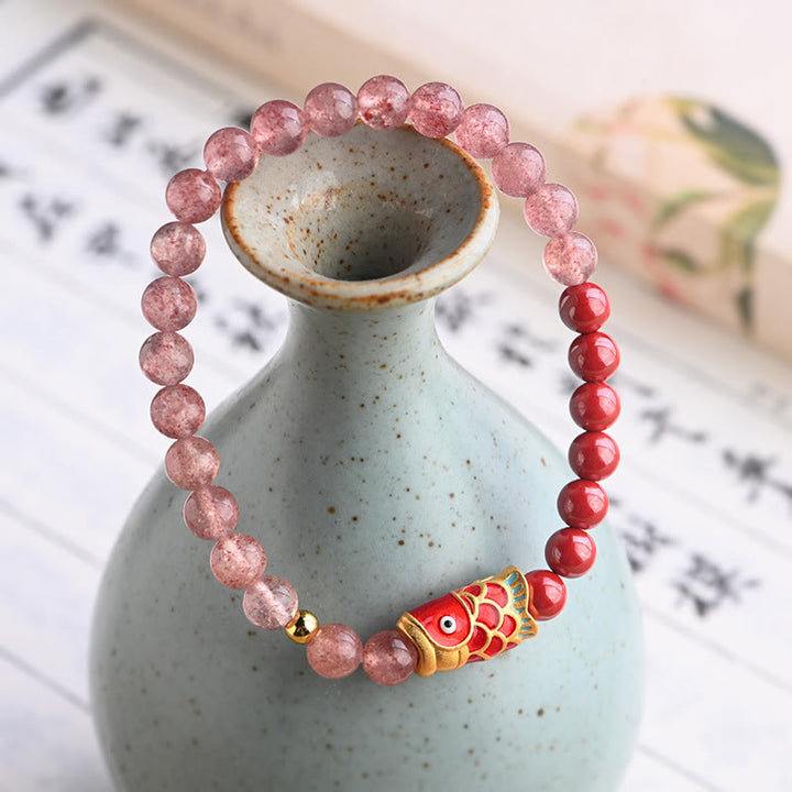 Bracelet de guérison porte-bonheur en quartz fraise et cinabre en Buddha Stones