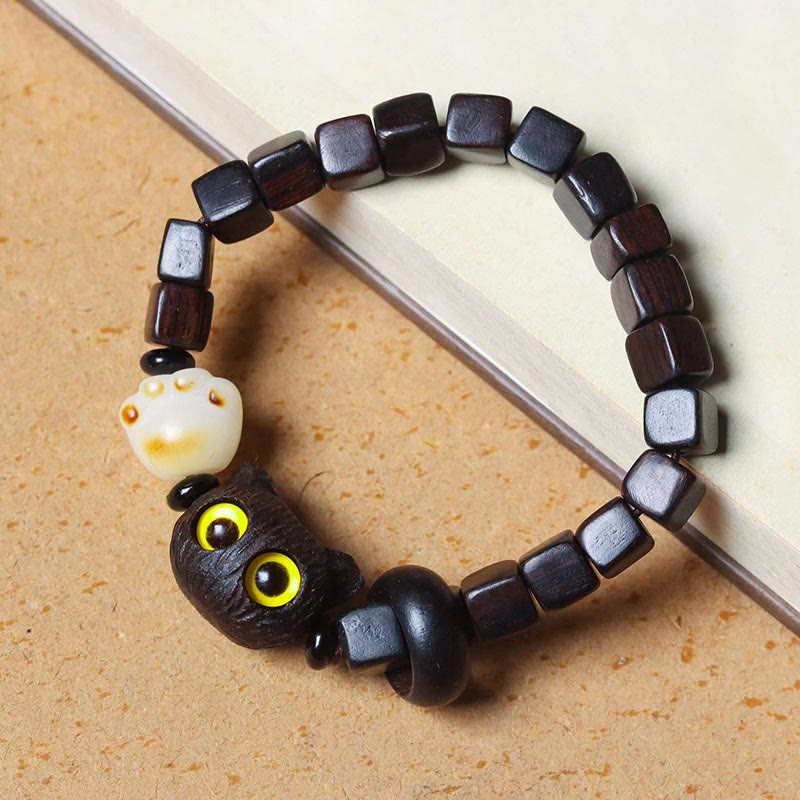 Bracelet calme en perles carrées en bois d'ébène et Buddha Stones en forme de patte de chat mignon - Bois d'ébène (Équilibre ♥ Calme) (Circonférence du poignet 14-16 cm) - image 1