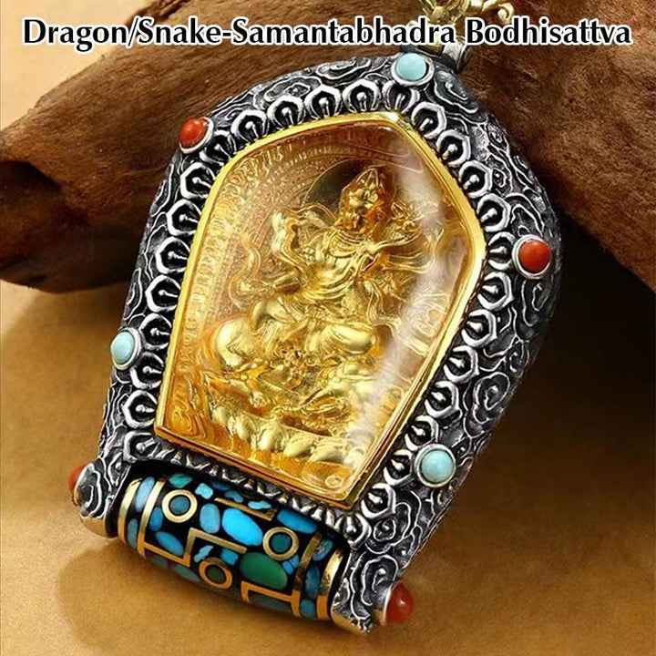 Collier avec pendentif en perles Dzi rotatives du zodiaque chinois tibétain Thangka Bouddha de la prospérité