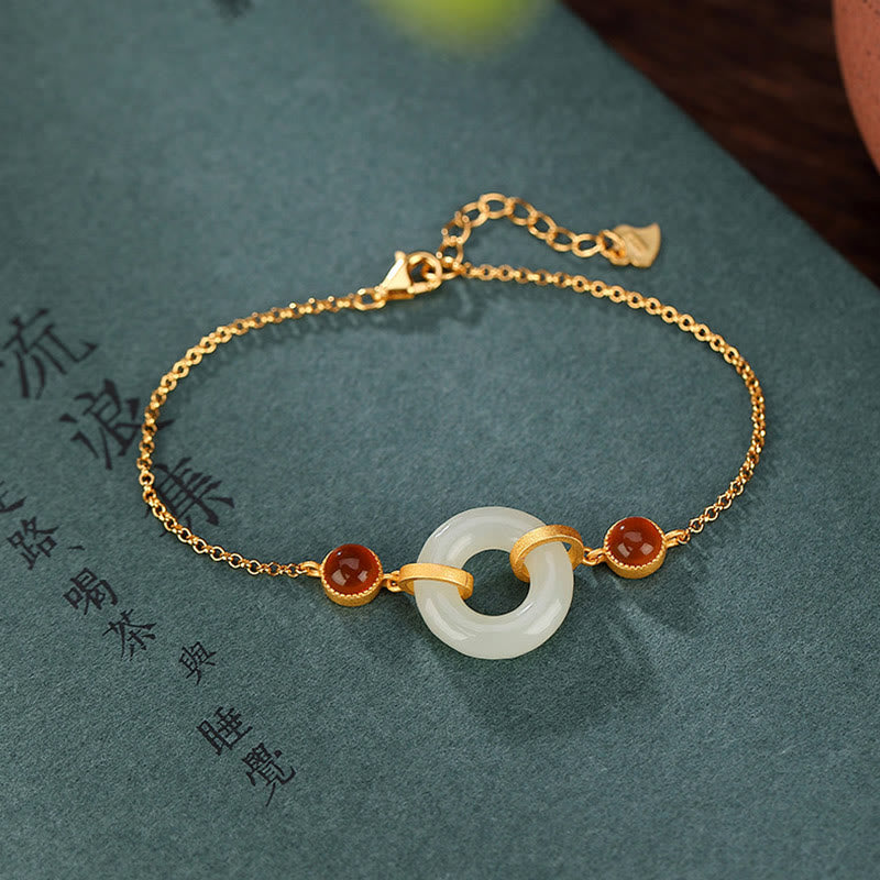 Bracelet porte-bonheur en agate rouge avec boucle de paix en jade naturel Hetian en Buddha Stones - Jade de Hetian (Prospérité ♥ Abondance) (Taille du bracelet : 16 + 3 cm) - image 0