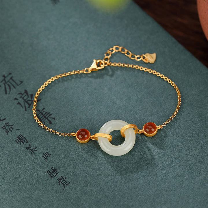 Bracelet porte-bonheur en agate rouge avec boucle de paix en jade naturel Hetian en Buddha Stones - Jade de Hetian (Prospérité ♥ Abondance) (Taille du bracelet : 16 + 3 cm) - image 0