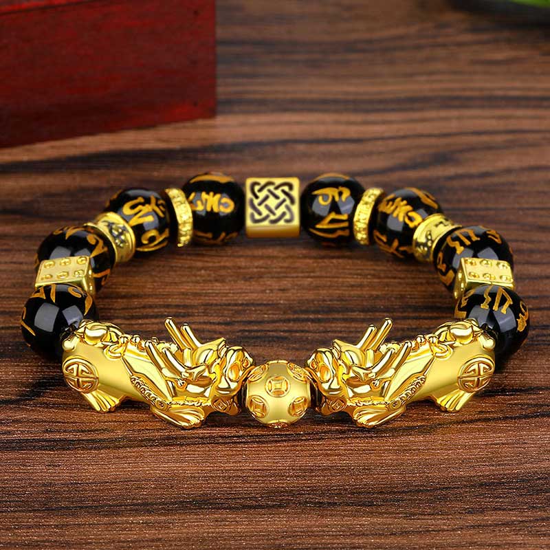 Bracelet de richesse Feng Shui Double PiXiu Obsidienne Om Mani Padme Hum Pierres de Buddha Stones