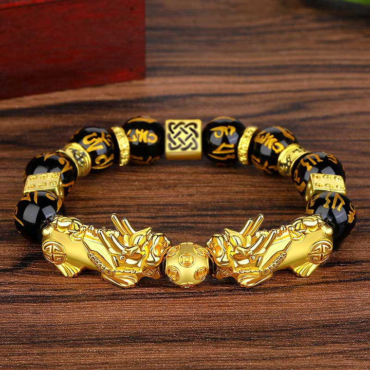 Bracelet de richesse Feng Shui Double PiXiu Obsidienne Om Mani Padme Hum Pierres de Buddha Stones