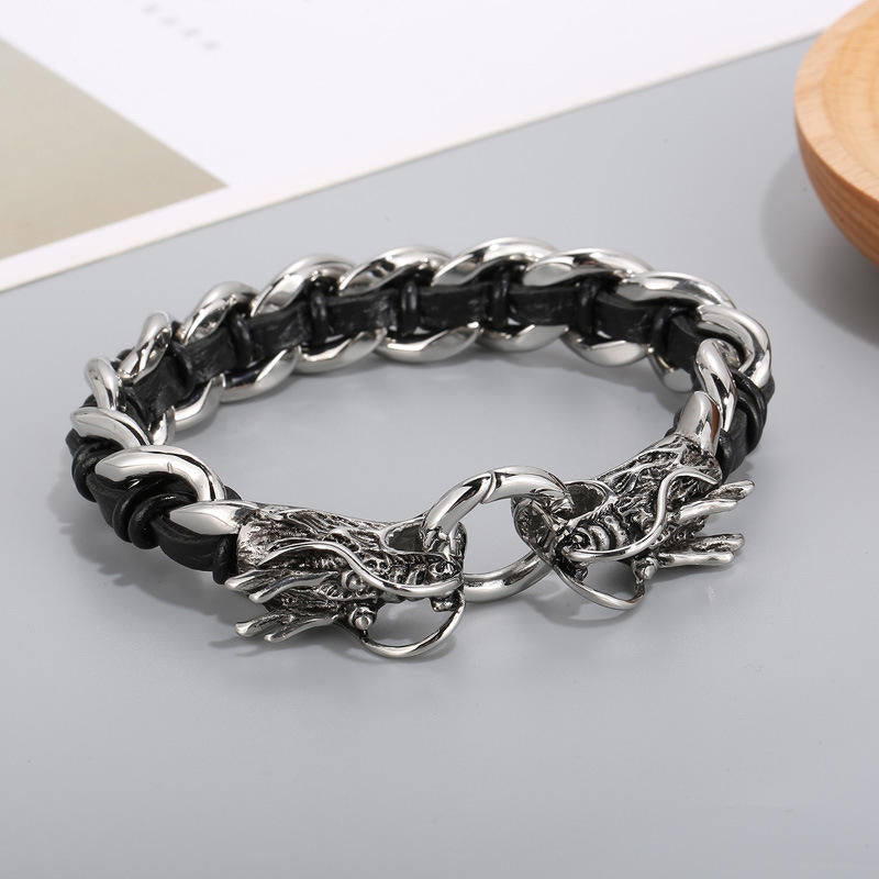 Bracelet tressé en cuir de dragon et acier titane pour protection et chance