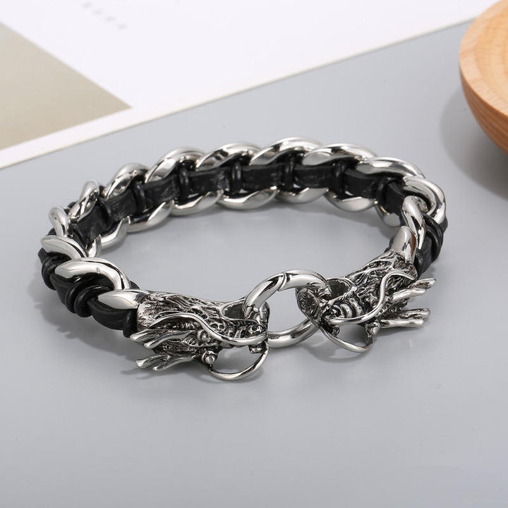 Bracelet tressé en cuir de dragon et acier titane pour protection et chance