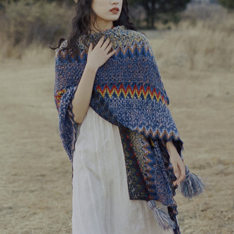 Buddha Stones, cape en tricot douce et chaude, écharpe à pompon tibétaine d'hiver - image 14