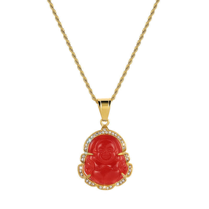 Collier avec pendentif porte-bonheur en jade Bouddha rieur rempli d'or 18 carats de Buddha Stones - Rouge - image 11