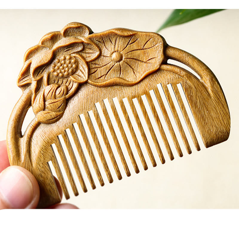 Peigne apaisant gravé en feuille de lotus et fleur de santal vert naturel - image 9