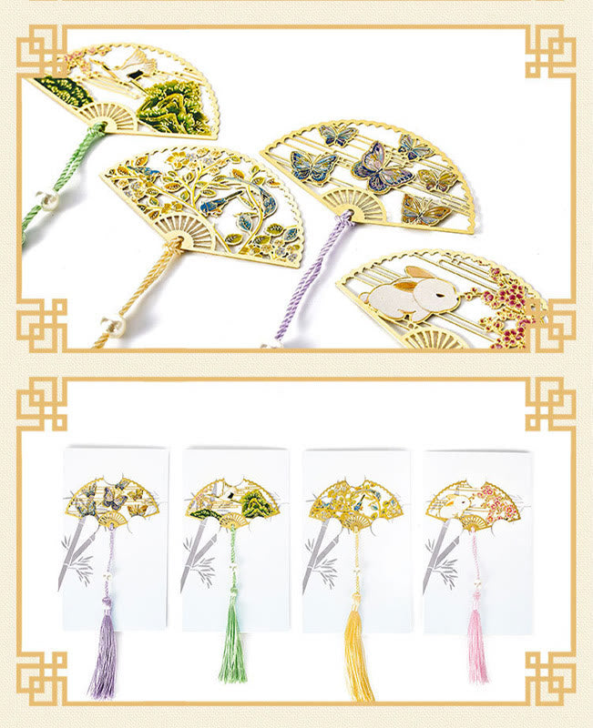 Buddha Stones Traditionnel Papillon Fleur de Lotus Grue Dragon Phénix Renard Poisson Koi Nouveau Départ Métal Laiton Éventail Creux Signets