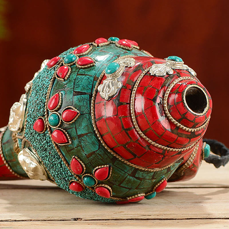 Tibétain fait à la main Shankha Om Mani Padme Hum bouddha Avalokitesvara coquille de conque Turquoise décoration positive - image 4