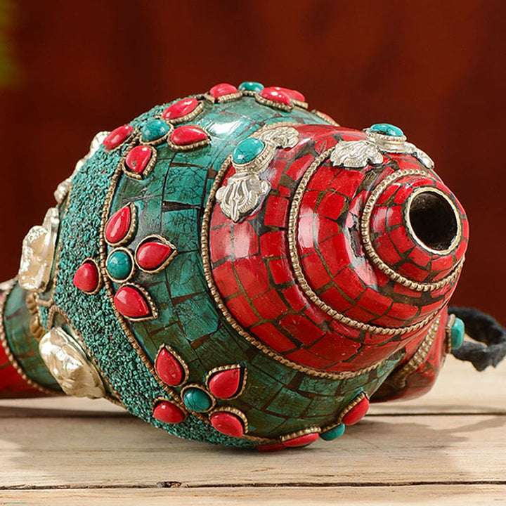 Tibétain fait à la main Shankha Om Mani Padme Hum bouddha Avalokitesvara coquille de conque Turquoise décoration positive - image 4