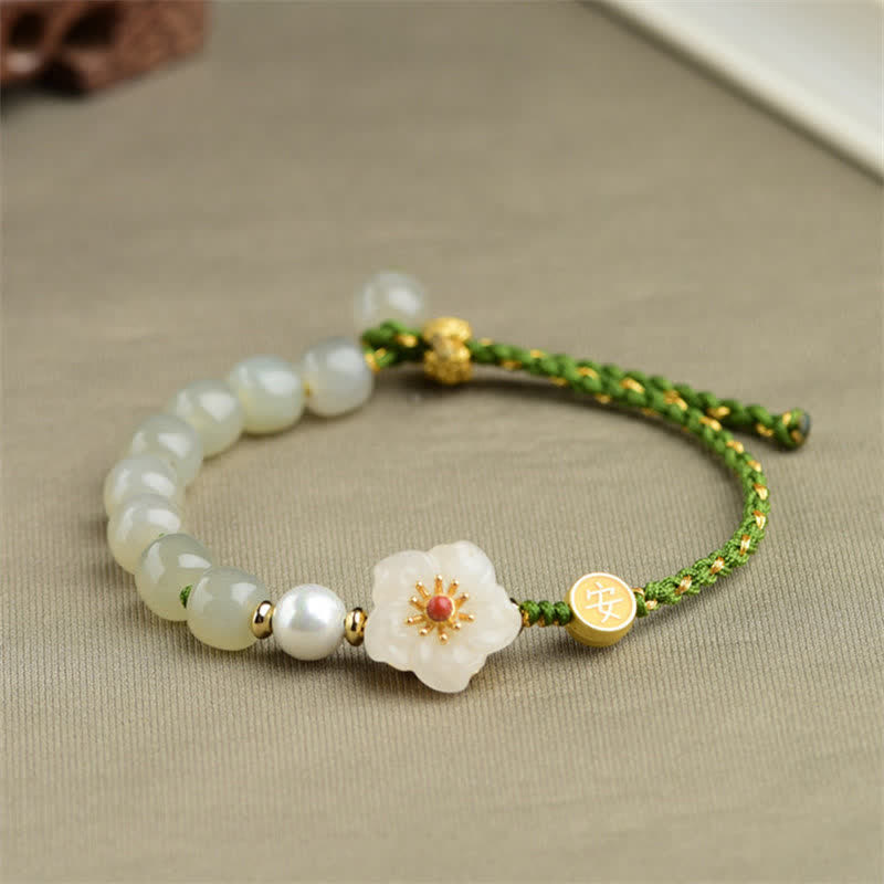 Bracelet porte-bonheur en argent sterling 925 avec jade naturel Hetian et fleur de pêcher