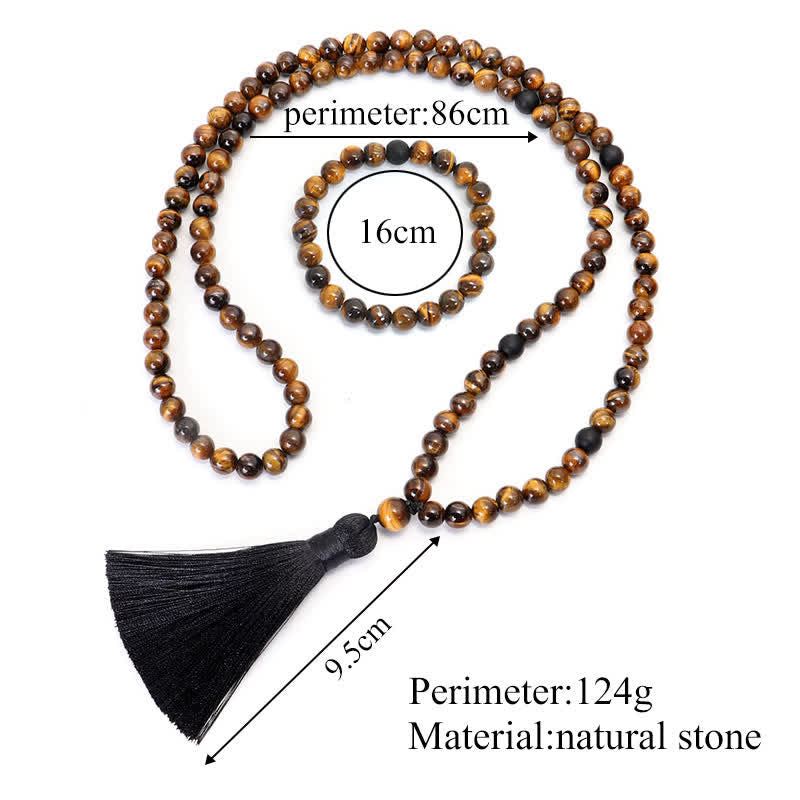 Bracelet Mala 108 Buddha Stones avec pompon de protection en œil de tigre
