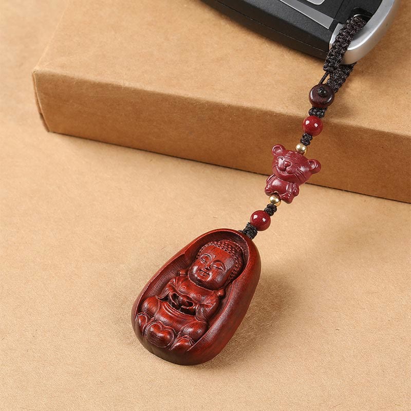 Porte-clés de protection en Buddha Stones en bois de santal rouge à petites feuilles, amulette du zodiaque chinois en cinabre