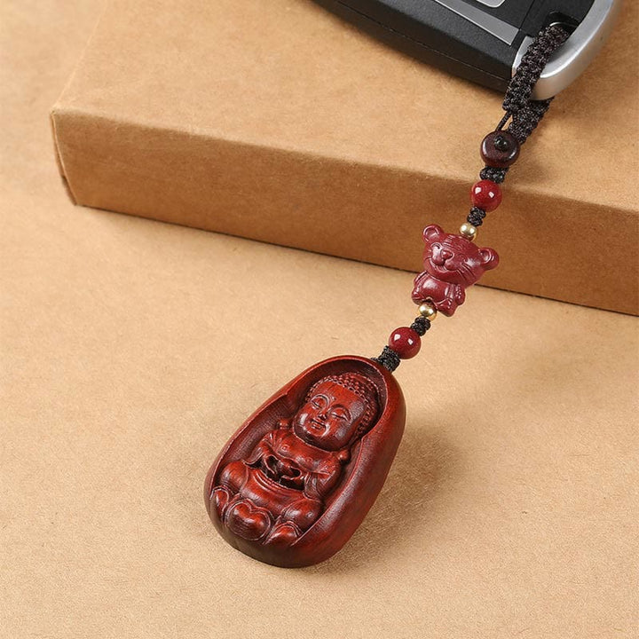 Porte-clés de protection en Buddha Stones en bois de santal rouge à petites feuilles, amulette du zodiaque chinois en cinabre