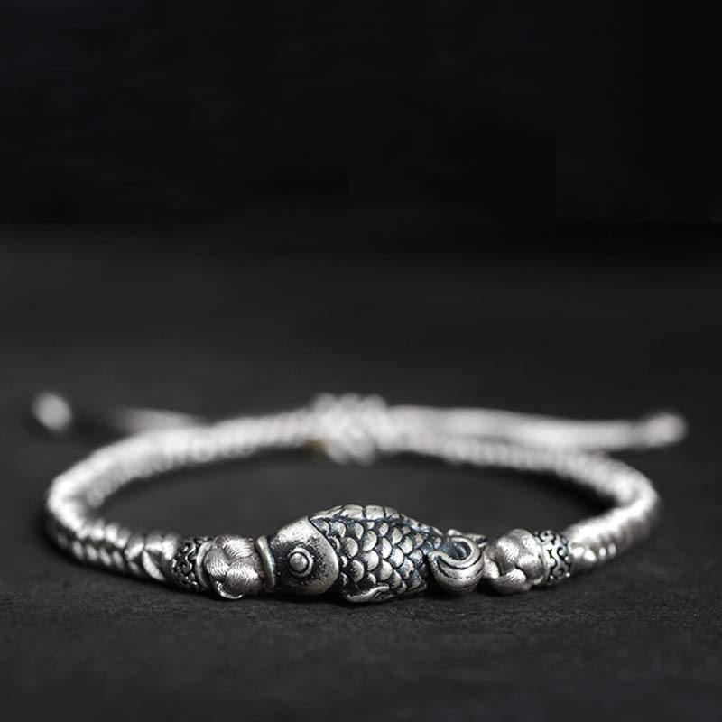 Bracelet tressé en argent avec motif poisson Koi et Buddha Stones
