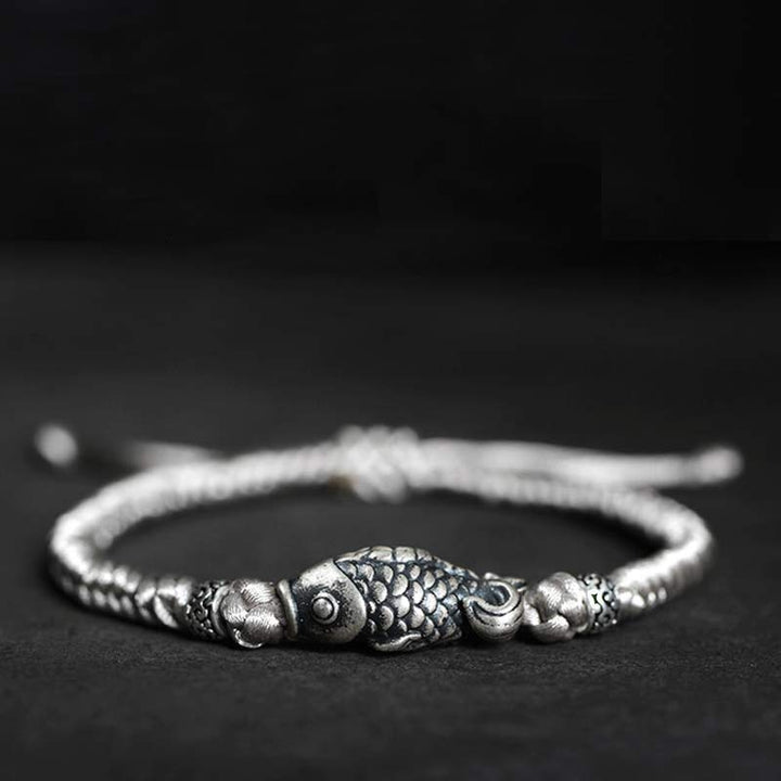 Bracelet tressé en argent avec motif poisson Koi et Buddha Stones
