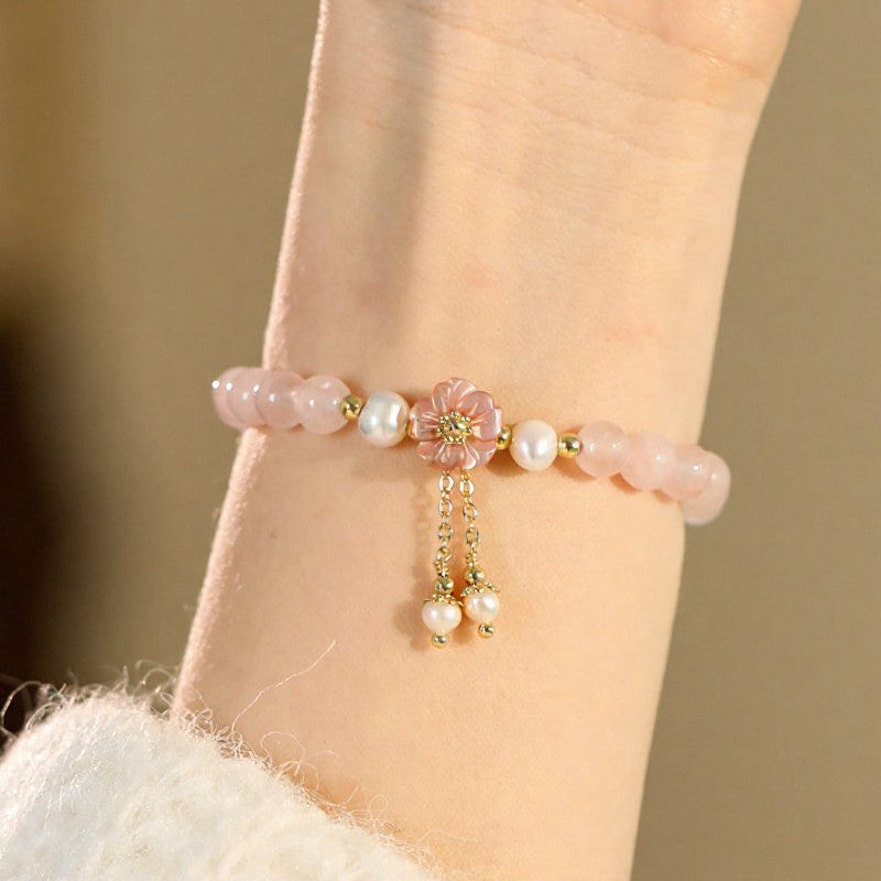 Buddha Stones Bracelet d'amour avec breloque fleur et perle de quartz rose - Fleur de quartz rose (Tour de poignet : 14–15 cm) - image 0