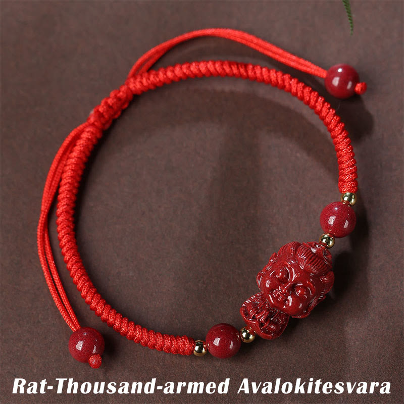 Bracelet en cordon avec amulette de bénédiction en cinabre et Buddha Stones du zodiaque chinois