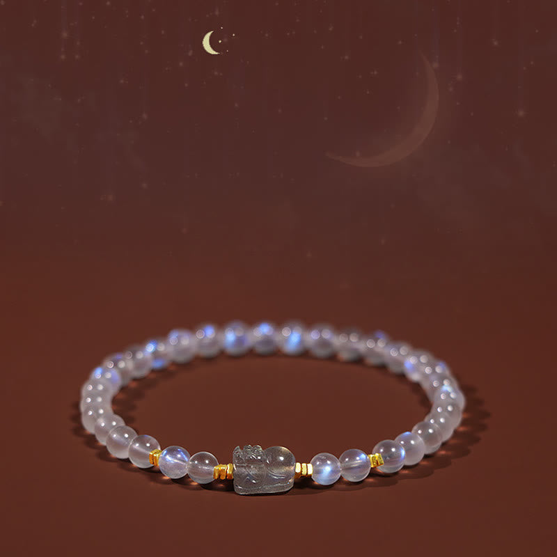 Bracelet de guérison PiXiu en pierre de lune naturelle en argent sterling 925 plaqué or avec Buddha Stones
