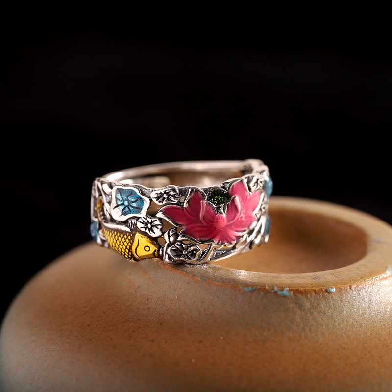 Bague d'illumination en argent sterling 925 Buddha Stones et poisson koi lotus - image 1