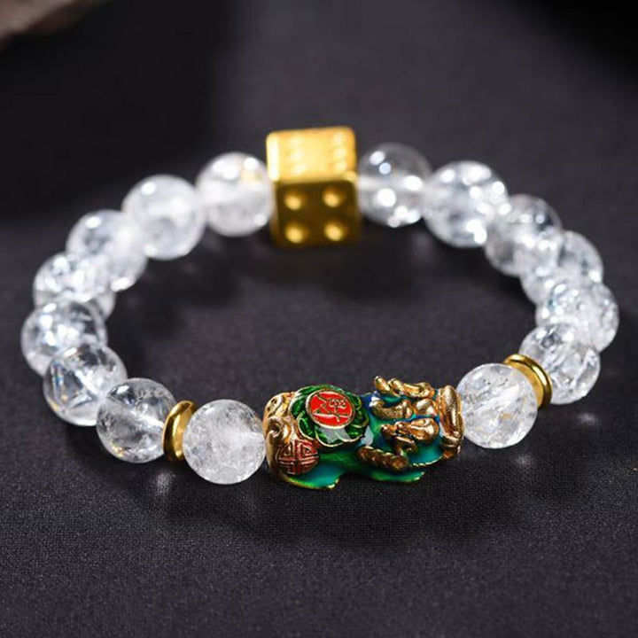 Bracelet de richesse en dés de cristal blanc Pixiu à changement de couleur de Buddha Stones