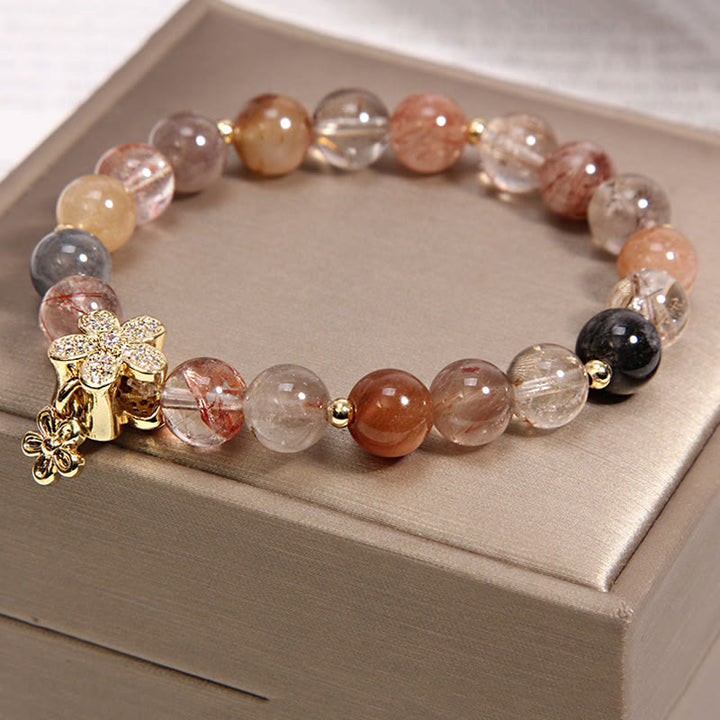 Bracelet fleur de protection de richesse en quartz rutile multicolore et citrine