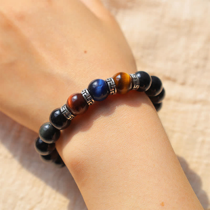 Bracelet de force en obsidienne noire naturelle et œil de tigre tricolore