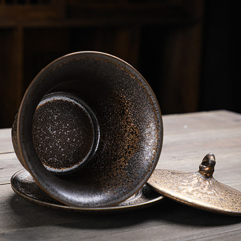 Tasse à thé et soucoupe en céramique émaillée rouille rétro Buddha Stones Gaiwan Sancai Tasse à thé Kung Fu avec couvercle