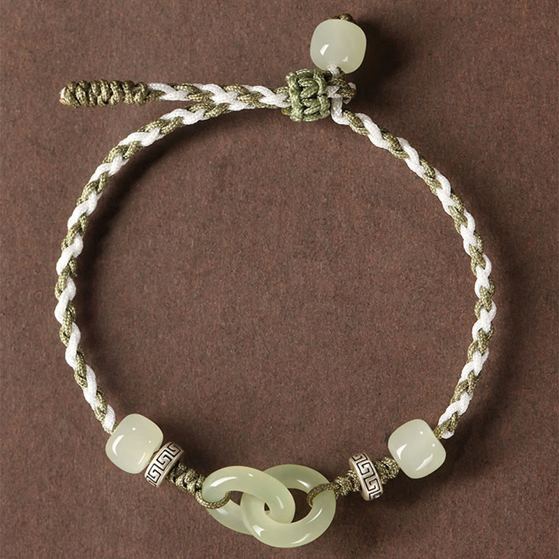 Bracelet tressé avec boucle de paix et porte-bonheur en jade naturel Hetian de Buddha Stones