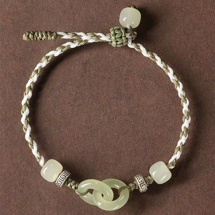 Bracelet tressé avec boucle de paix et porte-bonheur en jade naturel Hetian de Buddha Stones