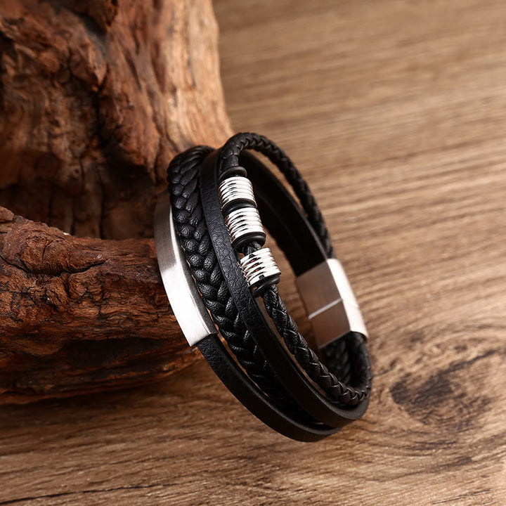 Bracelet en cuir multicouches avec boucle magnétique tressée en acier titane et Buddha Stones