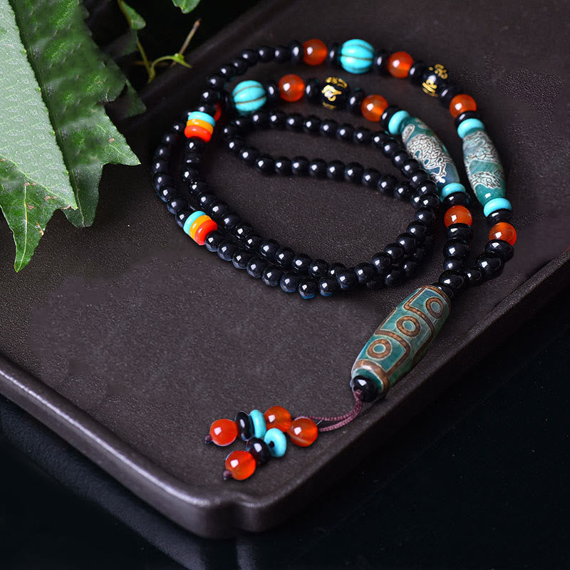 Collier pendentif de protection Om Mani Padme Hum en Buddha Stones tibétaines à neuf yeux Dzi motif dragon - image 3