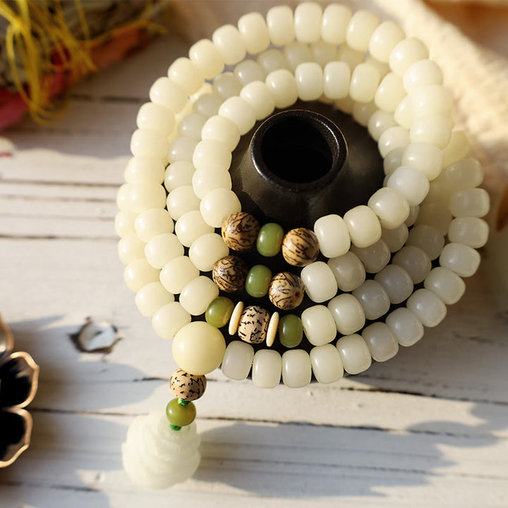 Buddha Stones Jade blanc Bodhi Lotus Mala Collier Harmonie Bracelet - image 3