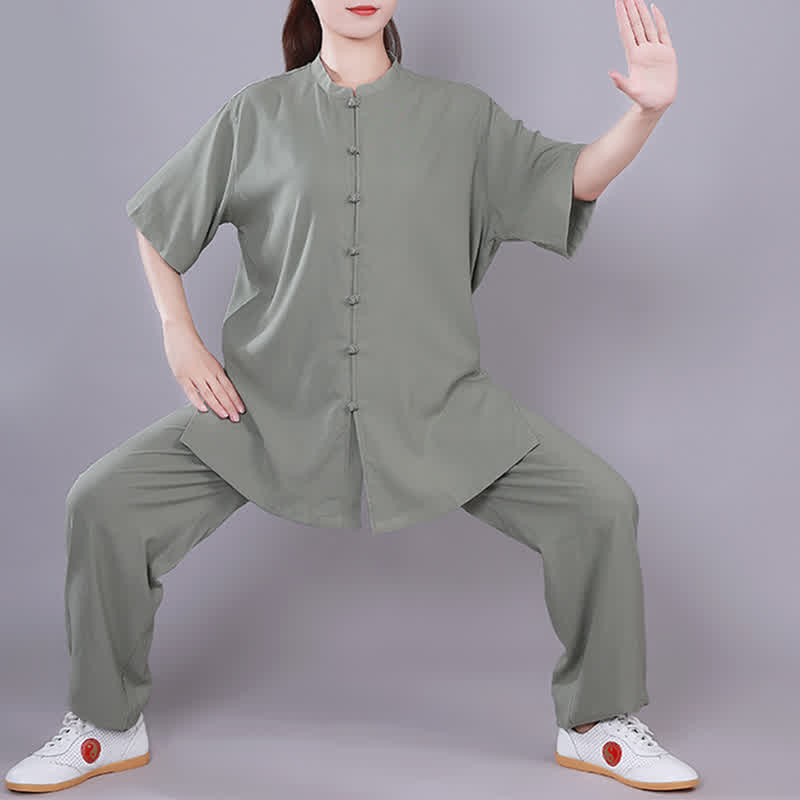 Ensemble de vêtements unisexe en coton et lin avec Buddha Stones , Tai Chi, Qigong, méditation, prière, pratique spirituelle zen - Vert - manches courtes - US14，UK/AU18，EU46 (3XL)  - image 17