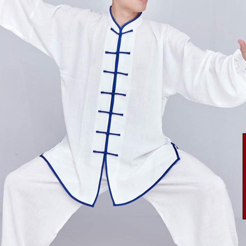 Ensemble de vêtements unisexe brodés Buddha Stones, méditation, prière zen, Tai Chi spirituel, Qigong - manches longues blanches à bordure bleue - US14，UK/AU18，EU46 (3XL) - image 7