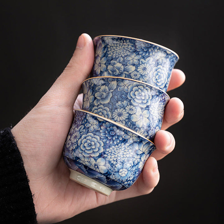 Buddha Stones Vintage Lotus Pivoine Fleur de Prunier Chrysanthème Tasse à Thé en Céramique Tasses à Thé
