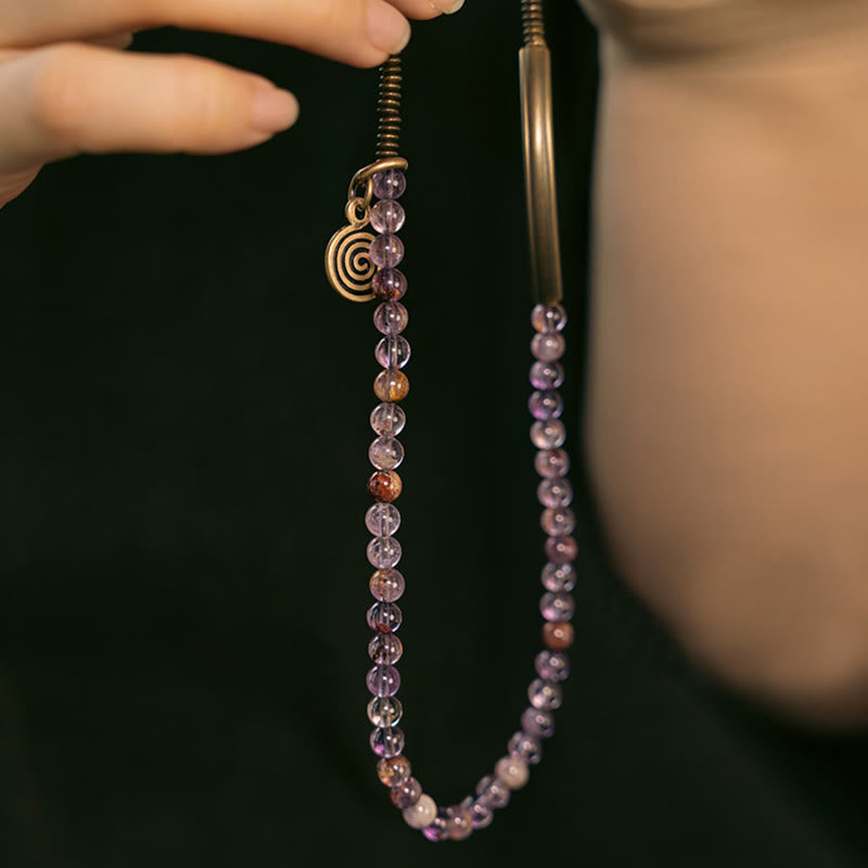 Bracelet en cuivre Love Forgive Buddha Stones quartz hématoïde rouge fantôme violet et quartz rutile vert