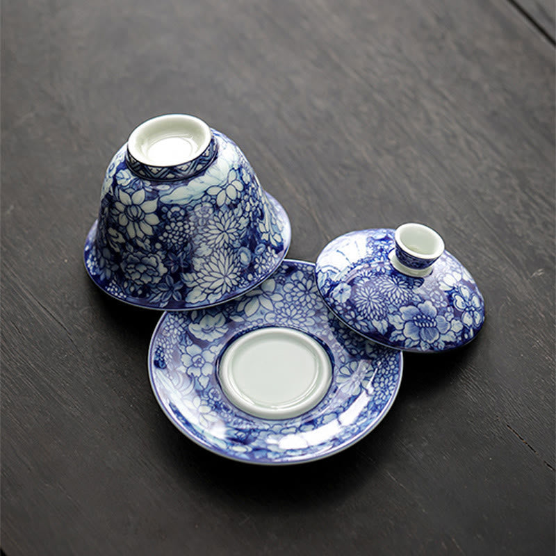 Tasse à thé et soucoupe en porcelaine bleue et blanche vintage en céramique Gaiwan Sancai Kung Fu avec couvercle